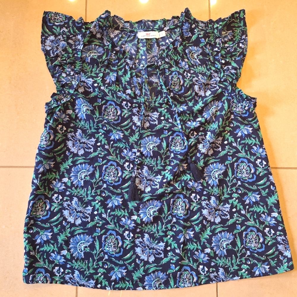 Vineyard Vines Floral Ruffle Sleeve Top - Black, Blue, Green - Picture 2 of 10